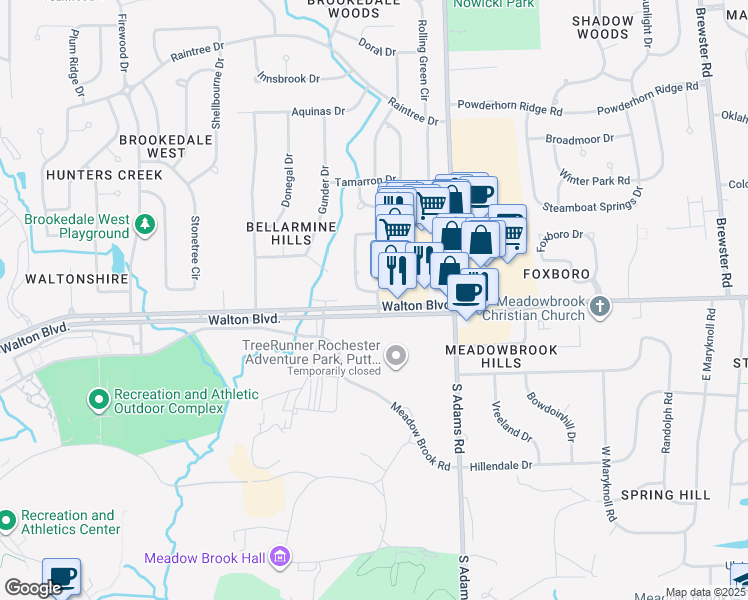 map of restaurants, bars, coffee shops, grocery stores, and more near 3288 Walton Boulevard in Rochester Hills