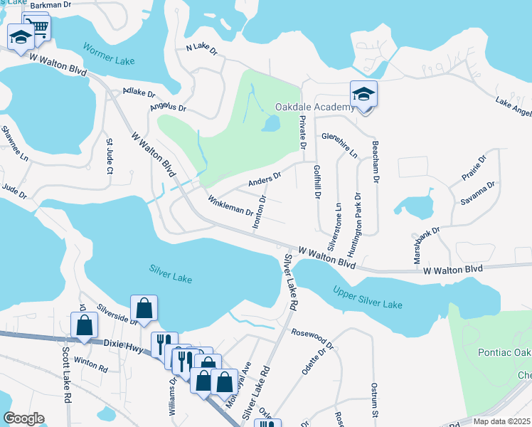 map of restaurants, bars, coffee shops, grocery stores, and more near 2750 Ironton Drive in Waterford Township