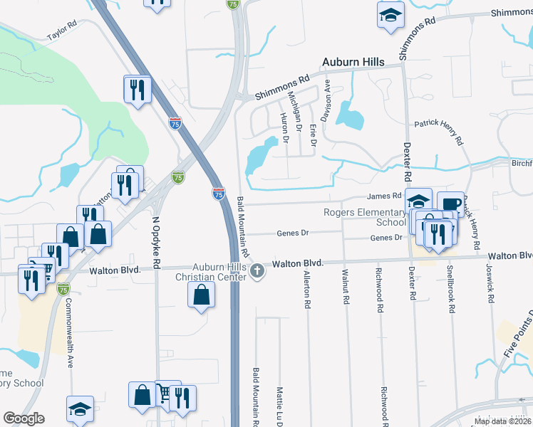 map of restaurants, bars, coffee shops, grocery stores, and more near 2576 James Road in Auburn Hills