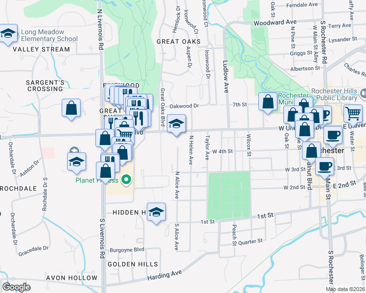 map of restaurants, bars, coffee shops, grocery stores, and more near 414 North Alice Avenue in Rochester