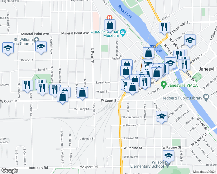 map of restaurants, bars, coffee shops, grocery stores, and more near 113 North Washington Street in Janesville