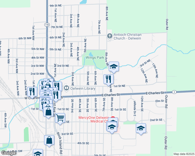 map of restaurants, bars, coffee shops, grocery stores, and more near 143 6th Avenue Northeast in Oelwein