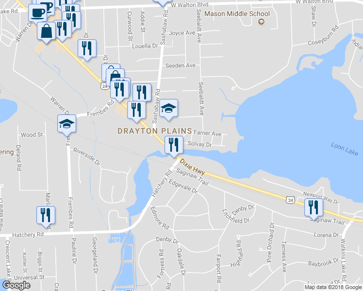 map of restaurants, bars, coffee shops, grocery stores, and more near 4195 Solvay Drive in Waterford Township