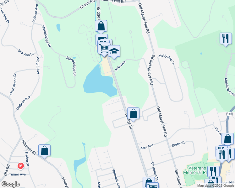 map of restaurants, bars, coffee shops, grocery stores, and more near 1706 Bridge Street in Dracut