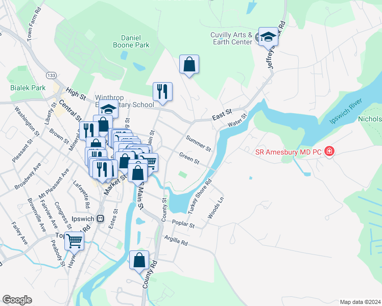 map of restaurants, bars, coffee shops, grocery stores, and more near 18 Green Street in Ipswich