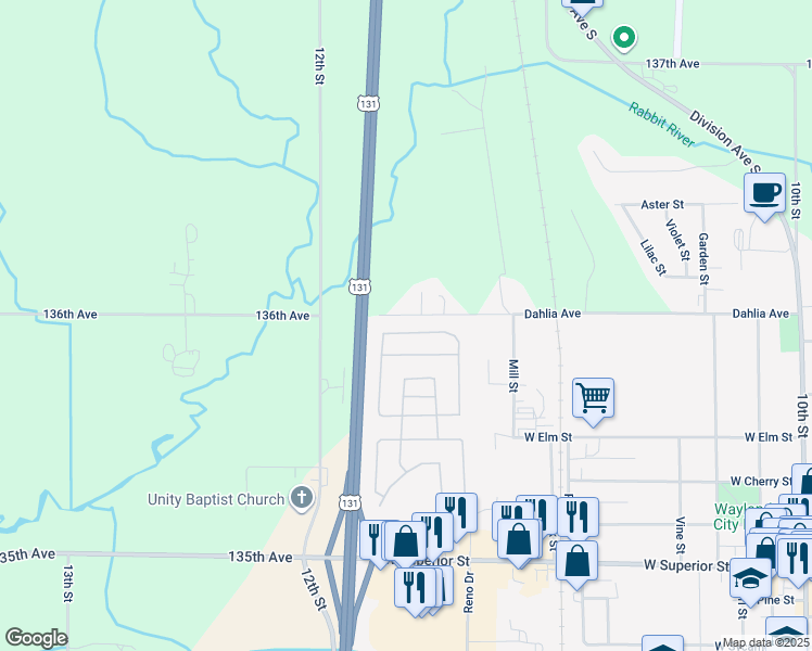 map of restaurants, bars, coffee shops, grocery stores, and more near 1159 Saskatoon Trail in Wayland