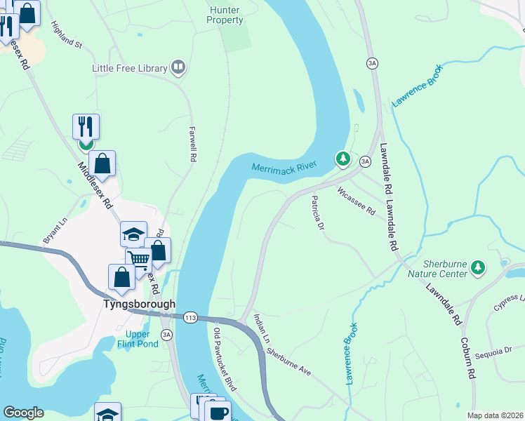 map of restaurants, bars, coffee shops, grocery stores, and more near 50 Frost Road in Tyngsborough