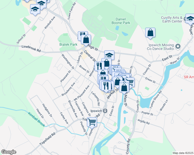 map of restaurants, bars, coffee shops, grocery stores, and more near 9 Mineral Street in Ipswich
