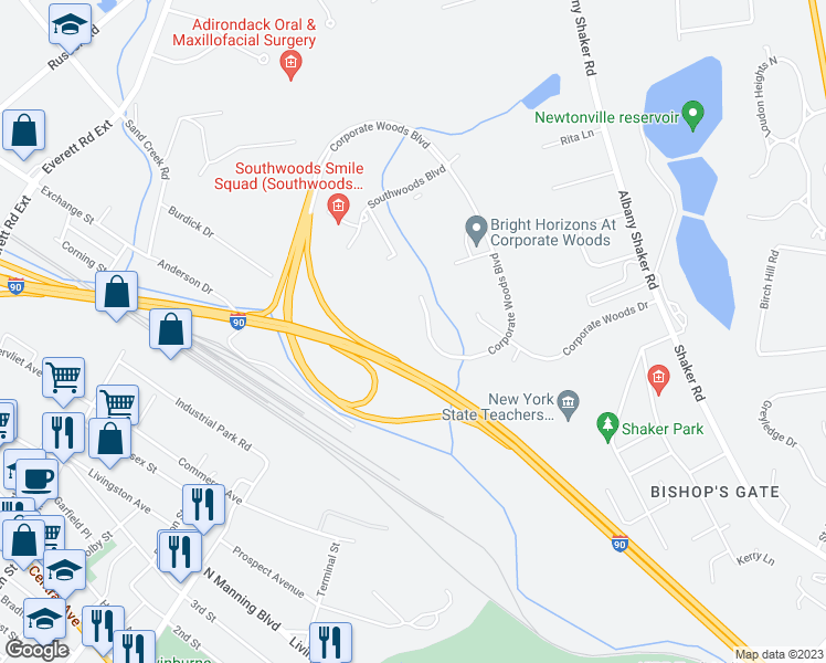 map of restaurants, bars, coffee shops, grocery stores, and more near 22 Corporate Woods Boulevard in Albany