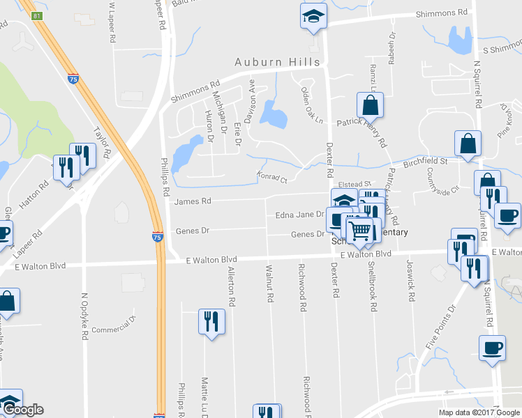 map of restaurants, bars, coffee shops, grocery stores, and more near 2657 Walnut Road in Auburn Hills