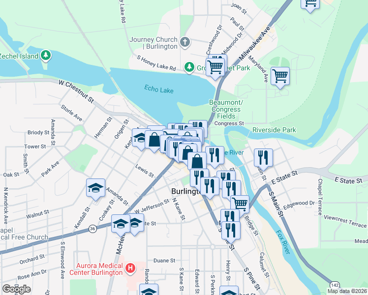 map of restaurants, bars, coffee shops, grocery stores, and more near 596 North Pine Street in Burlington