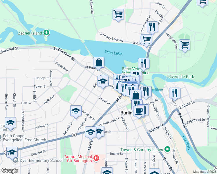 map of restaurants, bars, coffee shops, grocery stores, and more near 197 West Chestnut Street in Burlington