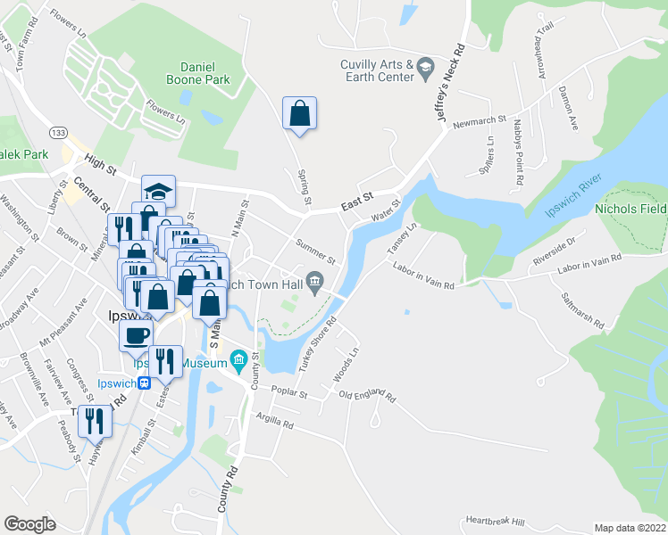 map of restaurants, bars, coffee shops, grocery stores, and more near 8 Water Street in Ipswich
