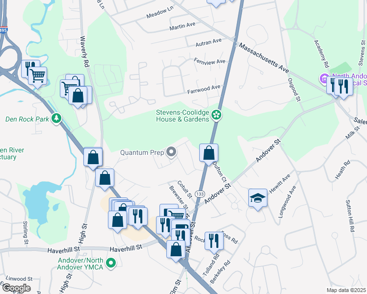 map of restaurants, bars, coffee shops, grocery stores, and more near 75 Jefferson Street in North Andover