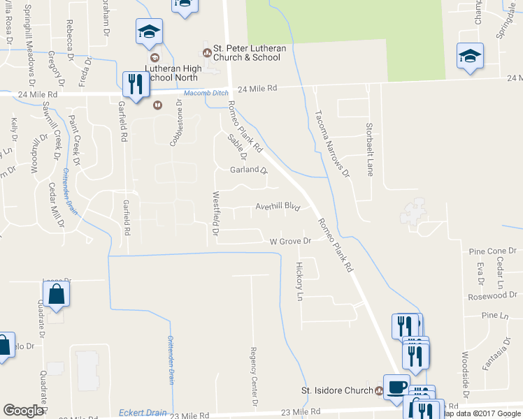 map of restaurants, bars, coffee shops, grocery stores, and more near 17580 Averhill Boulevard in Macomb