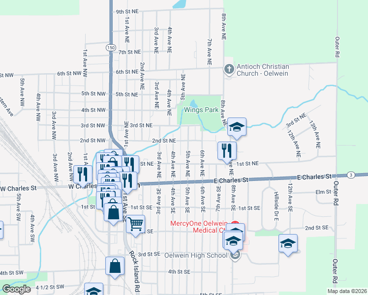 map of restaurants, bars, coffee shops, grocery stores, and more near 137-199 5th Avenue Northeast in Oelwein