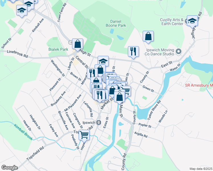 map of restaurants, bars, coffee shops, grocery stores, and more near 49 Massachusetts 133 in Ipswich