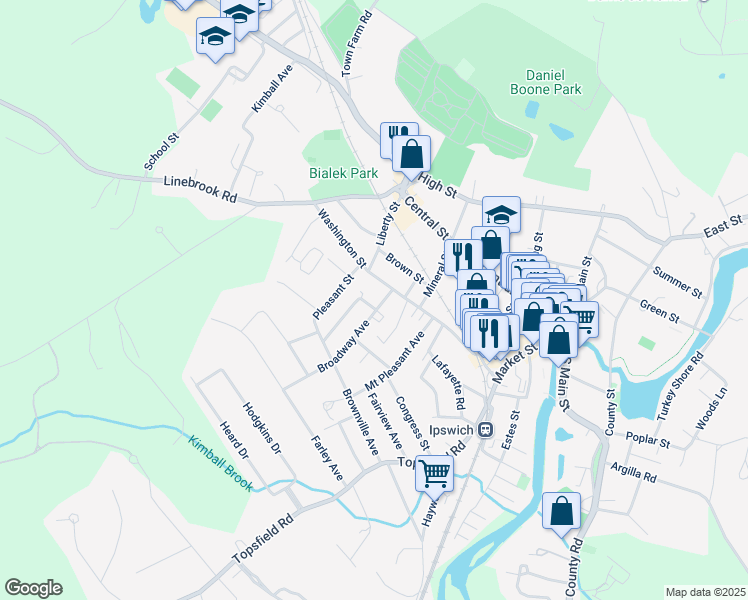 map of restaurants, bars, coffee shops, grocery stores, and more near 42 Washington Street in Ipswich