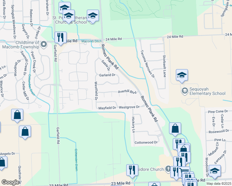 map of restaurants, bars, coffee shops, grocery stores, and more near 17580 Averhill Boulevard in Macomb