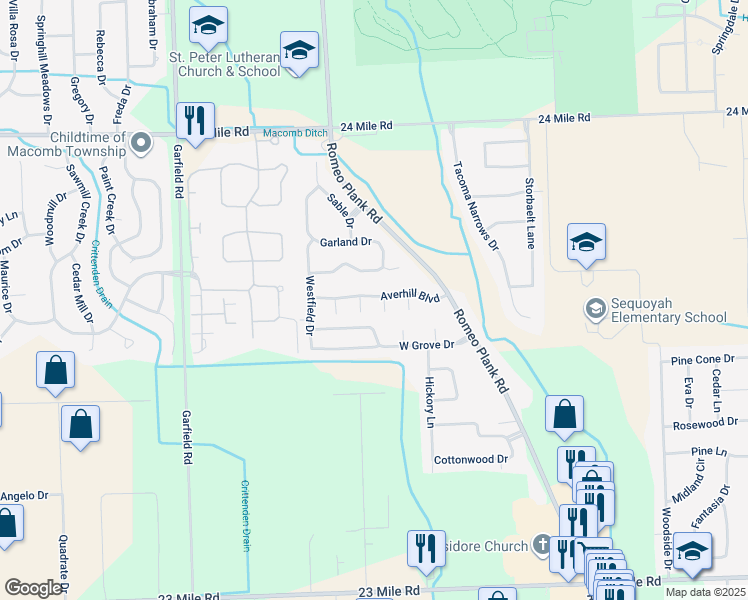 map of restaurants, bars, coffee shops, grocery stores, and more near 17580 Averhill Boulevard in Macomb