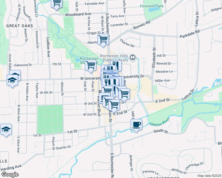 map of restaurants, bars, coffee shops, grocery stores, and more near 406 East Main Street Alley in Rochester