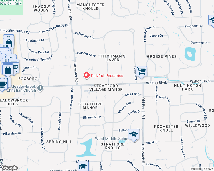 map of restaurants, bars, coffee shops, grocery stores, and more near 2245 Walton Boulevard in Rochester Hills