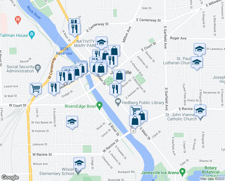 map of restaurants, bars, coffee shops, grocery stores, and more near in Janesville