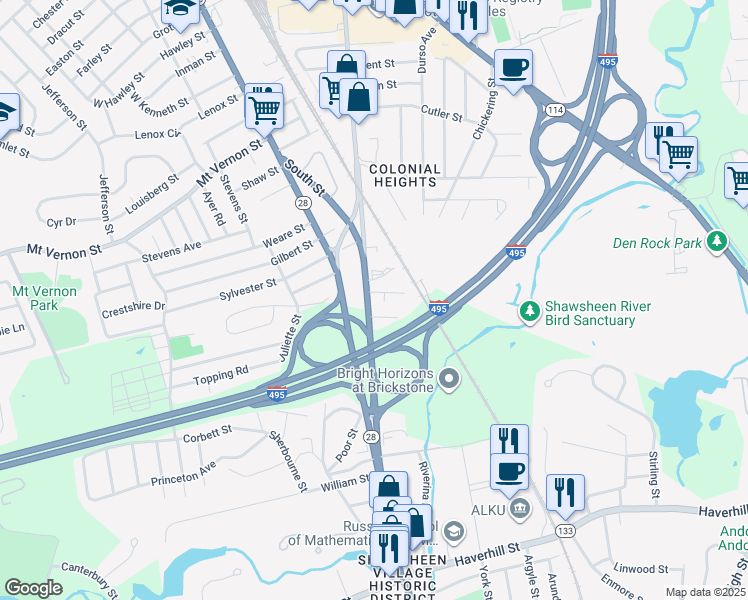 map of restaurants, bars, coffee shops, grocery stores, and more near 45 Union Street in Andover