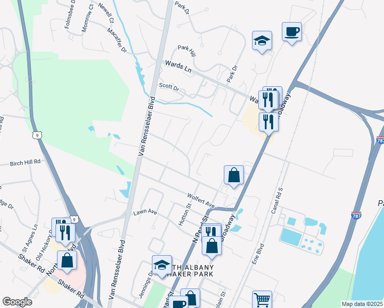 map of restaurants, bars, coffee shops, grocery stores, and more near 3 Pawling Street in Menands