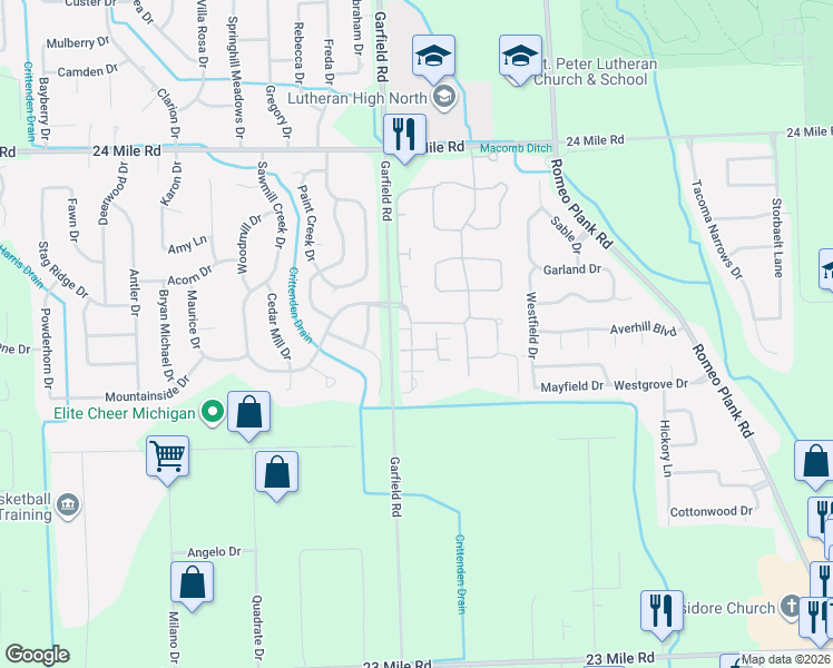 map of restaurants, bars, coffee shops, grocery stores, and more near 52411 Heatherstone Avenue in Macomb