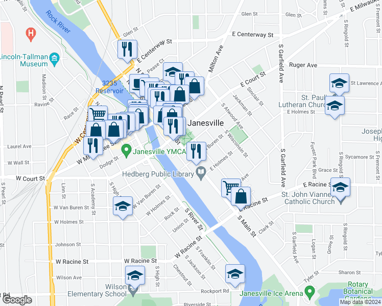 map of restaurants, bars, coffee shops, grocery stores, and more near 115 South Main Street in Janesville