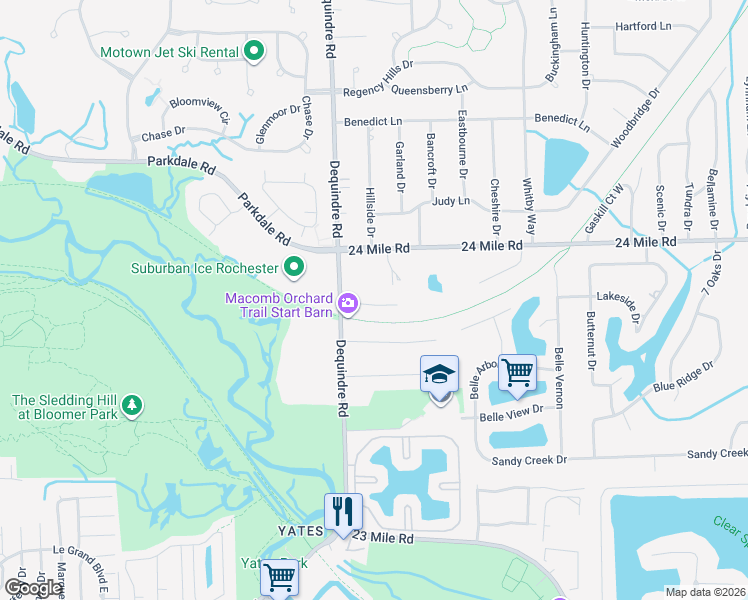 map of restaurants, bars, coffee shops, grocery stores, and more near 2065 Westridge Drive in Shelby Township