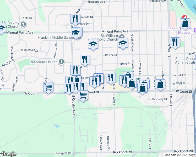 map of restaurants, bars, coffee shops, grocery stores, and more near 118 North Willard Avenue in Janesville