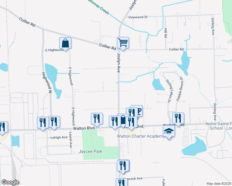 map of restaurants, bars, coffee shops, grocery stores, and more near 1567 Joslyn Avenue in Pontiac