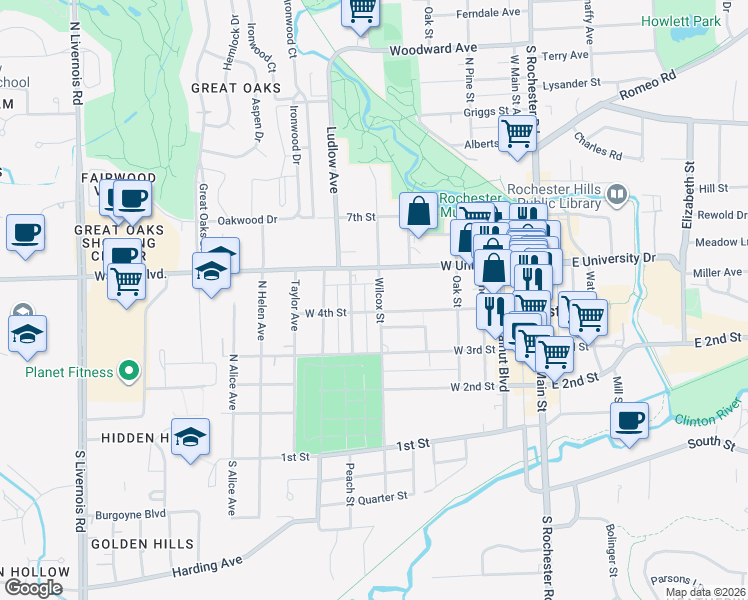 map of restaurants, bars, coffee shops, grocery stores, and more near 411 Wilcox Street in Rochester