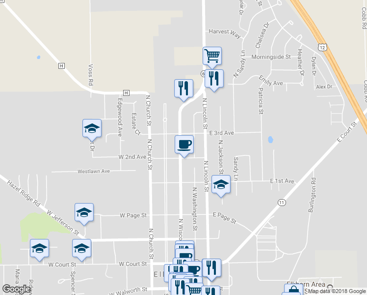 map of restaurants, bars, coffee shops, grocery stores, and more near 509 North Wisconsin Street in Elkhorn