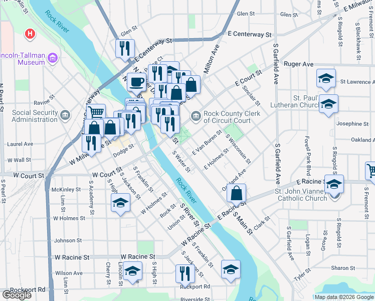 map of restaurants, bars, coffee shops, grocery stores, and more near in Janesville