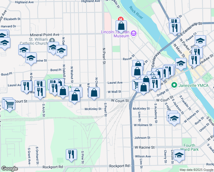 map of restaurants, bars, coffee shops, grocery stores, and more near 120 North Pearl Street in Janesville