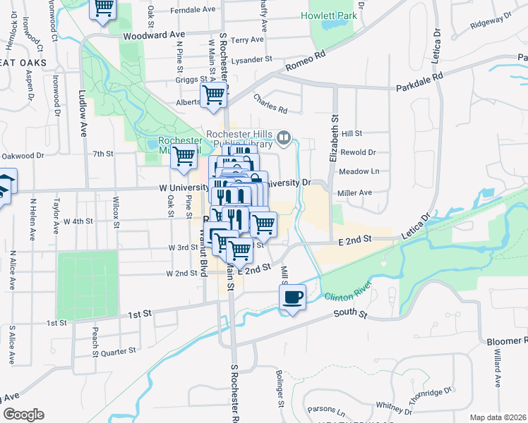 map of restaurants, bars, coffee shops, grocery stores, and more near 211 East 4th Street in Rochester
