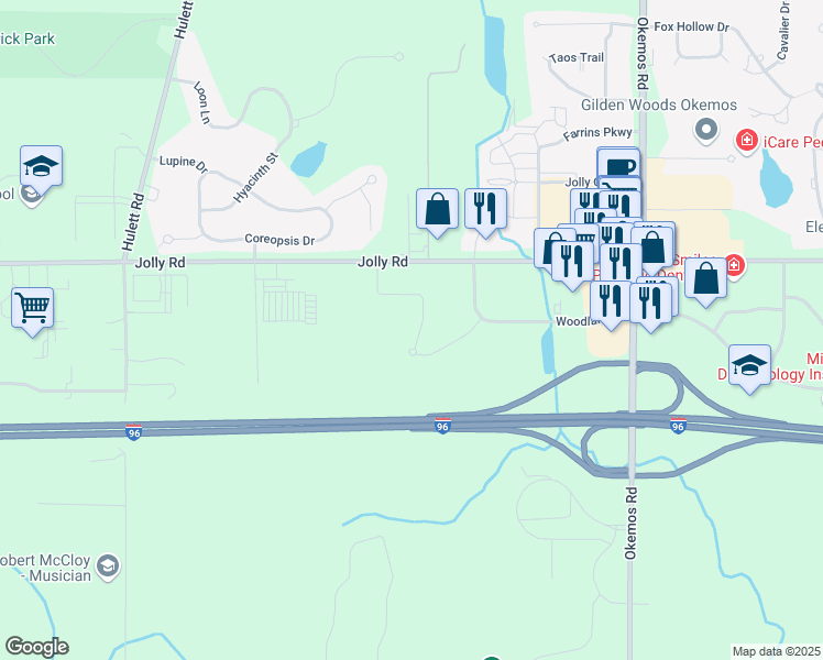 map of restaurants, bars, coffee shops, grocery stores, and more near 3413 Woods Edge Dr in Ingham