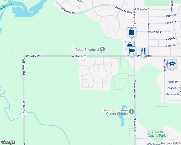 map of restaurants, bars, coffee shops, grocery stores, and more near Kensington Circle in Lansing