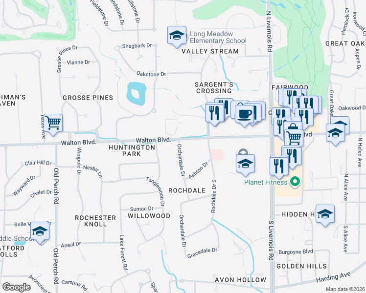 map of restaurants, bars, coffee shops, grocery stores, and more near 1497 Walton Boulevard in Rochester Hills