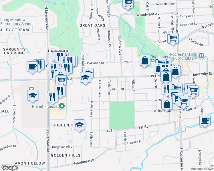 map of restaurants, bars, coffee shops, grocery stores, and more near 416 North Helen Avenue in Rochester