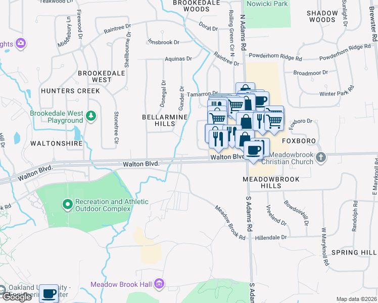 map of restaurants, bars, coffee shops, grocery stores, and more near 3300 Walton Boulevard in Rochester Hills