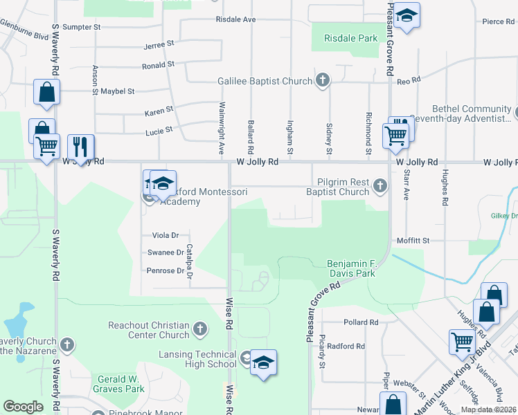 map of restaurants, bars, coffee shops, grocery stores, and more near 2913 Midwood Street in Lansing