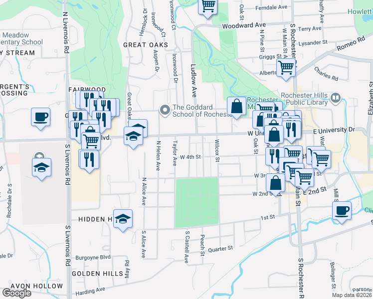 map of restaurants, bars, coffee shops, grocery stores, and more near 415 North Castell Avenue in Rochester