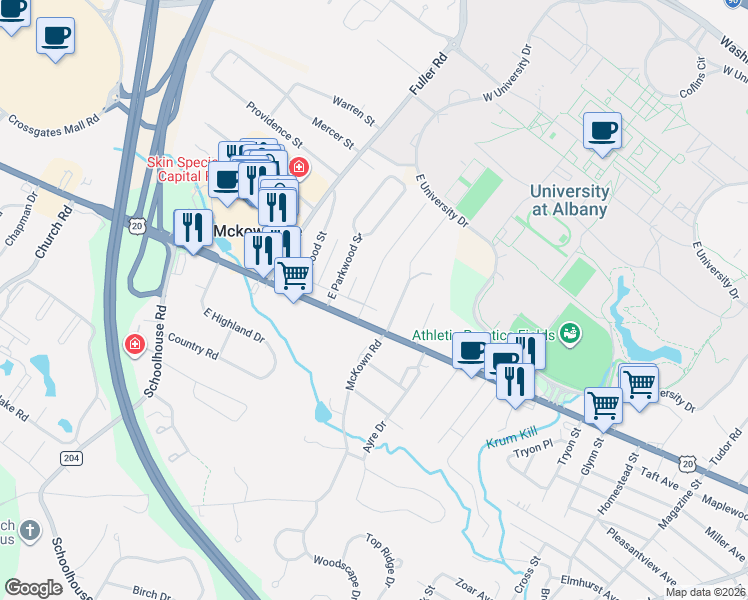 map of restaurants, bars, coffee shops, grocery stores, and more near 3 Glenwood Street in Albany