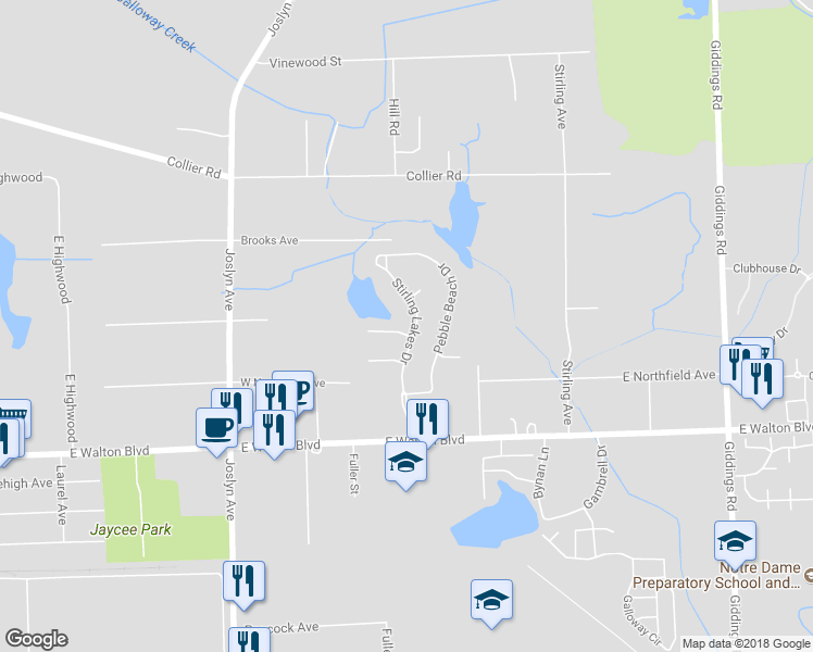 map of restaurants, bars, coffee shops, grocery stores, and more near 725 Heron bay Court in Pontiac