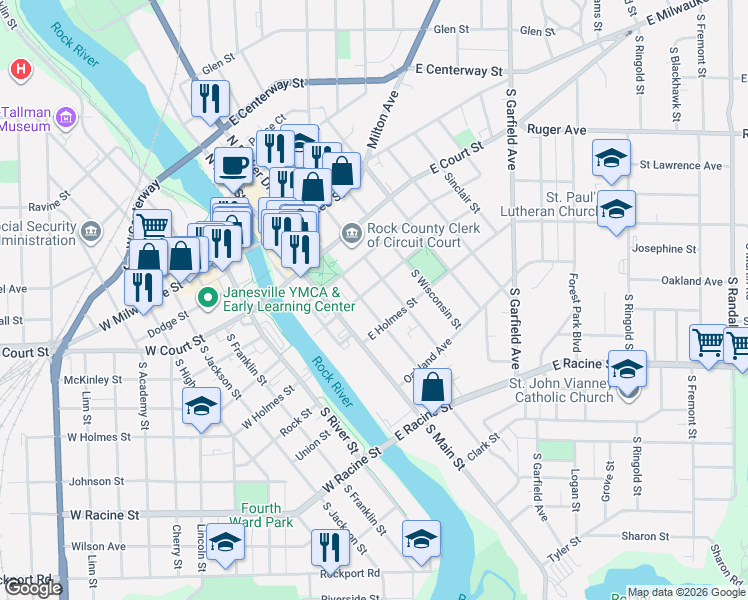 map of restaurants, bars, coffee shops, grocery stores, and more near 200 South Parker Drive in Janesville