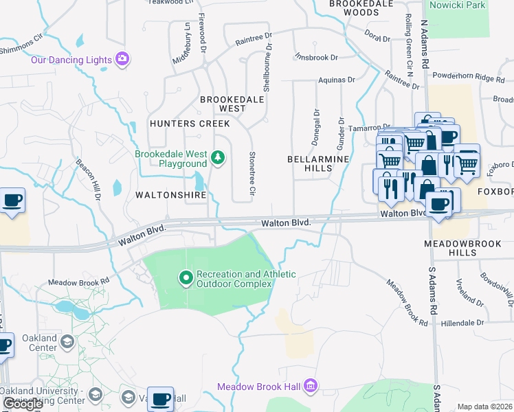 map of restaurants, bars, coffee shops, grocery stores, and more near 148 Stonetree Circle in Rochester Hills